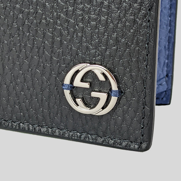 GUCCI Men's Leather Long Bifold Wallet With Interlock GG Logo Black/Blue RS-610467