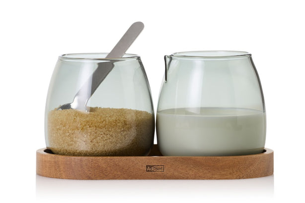 Adhoc Glass Milk & Sugar Set With Wooden Coaster