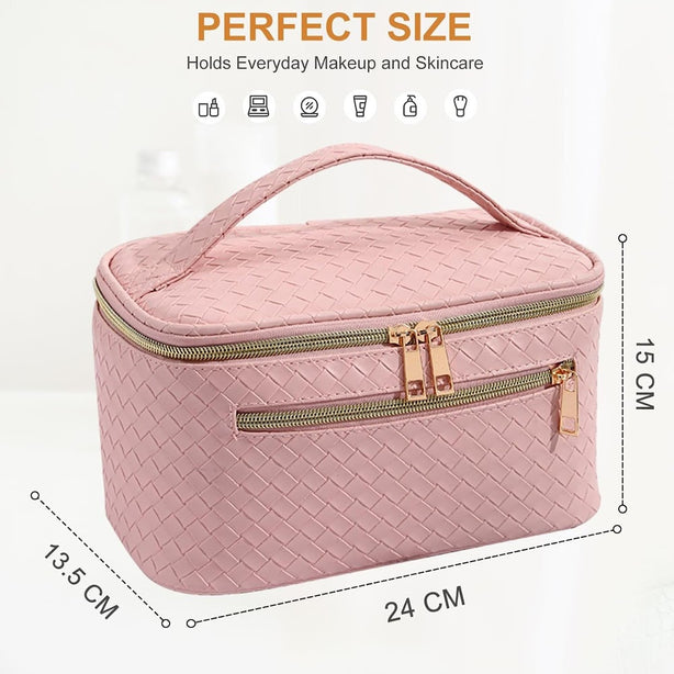 StitchesandTweed Travel Cosmetic Bag, Large Capacity Vegan Leather Travel Make Up Bag, Cosmetic Storage Bag with Carrying Handle - Rose Tyrien