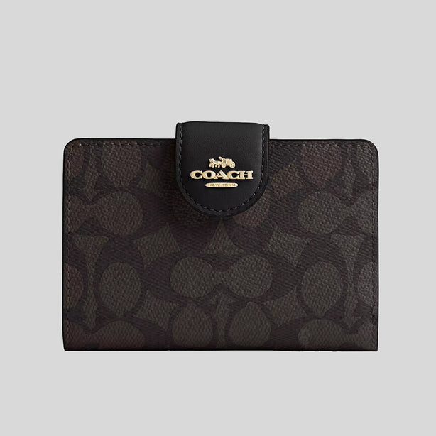 COACH Medium Corner Zip Wallet In Signature Canvas Walnut/Black RB-CW786