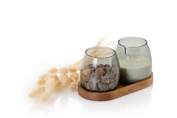 Adhoc Glass Milk & Sugar Set With Wooden Coaster
