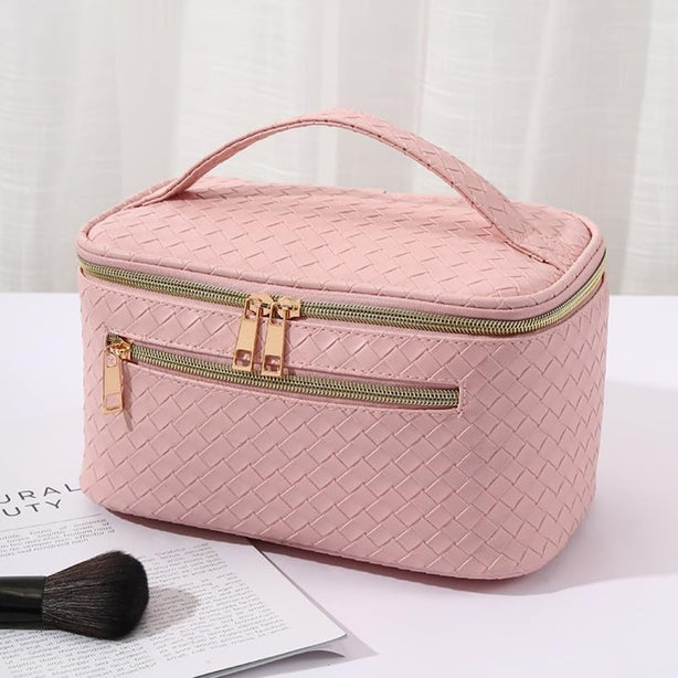 StitchesandTweed Travel Cosmetic Bag, Large Capacity Vegan Leather Travel Make Up Bag, Cosmetic Storage Bag with Carrying Handle - Rose Tyrien