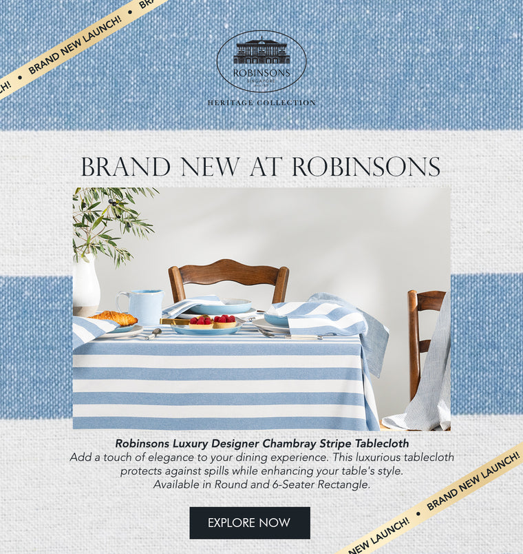 Robinsons Luxury Designer Chambray Stripe Tablecloth: Timeless Elegance for Your Dining Table