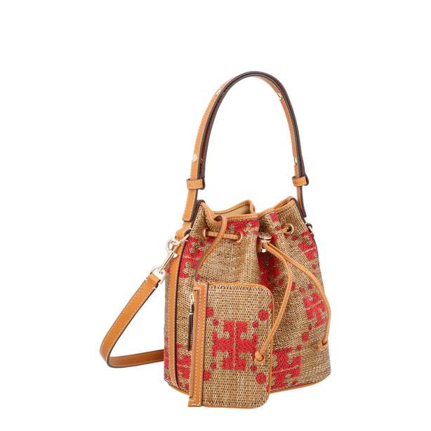 T Monogram Raffia Bucket Bag - Natural