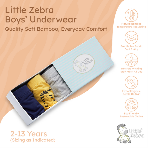 Little Zebra Boys' Bamboo Briefs 3-Pack | Soft Breathable Kids Underwear