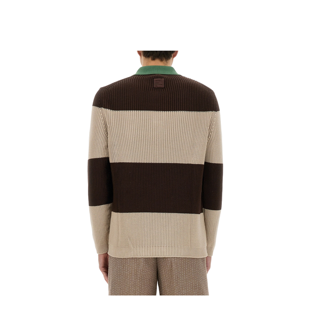 Knitted Cotton Polo Shirt with Brown and Beige Stripes