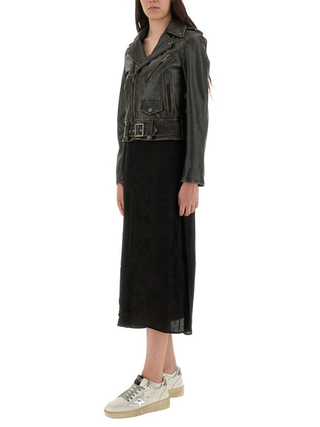 Distressed Effect Leather Biker Jacket