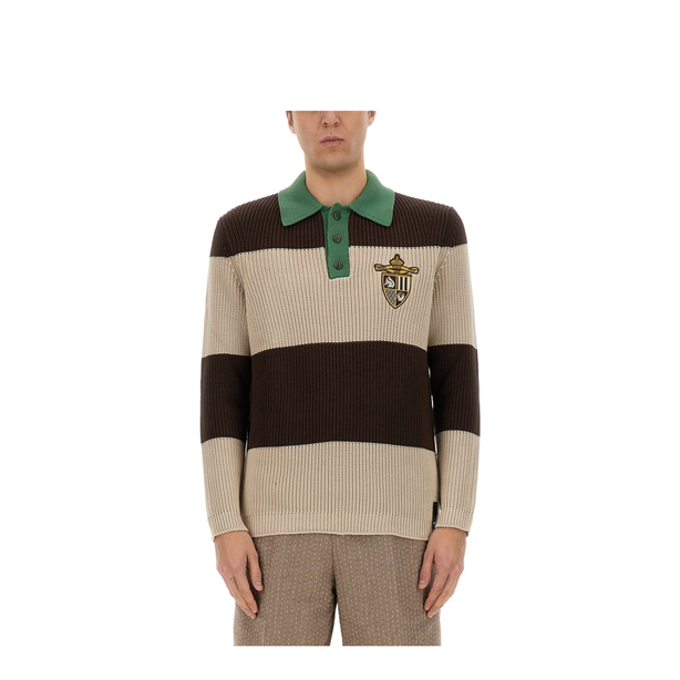 Knitted Cotton Polo Shirt with Brown and Beige Stripes