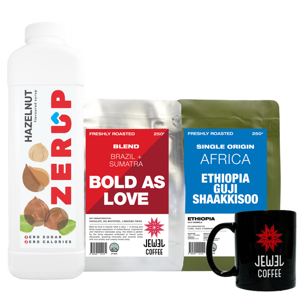 Coffee Gift Set 2 - Jewel Coffee Coffee Beans (Bold As Love 250g, Ethiopia 250g)+ Zerup Zero Sugar Syrup (Hazelnut) + Mug