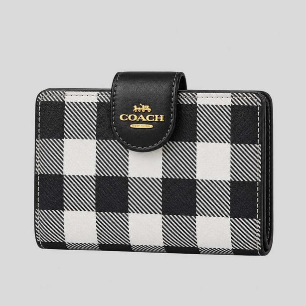 COACH Medium Corner Zip Wallet With Gingham Print Black Multi RS-CFA18
