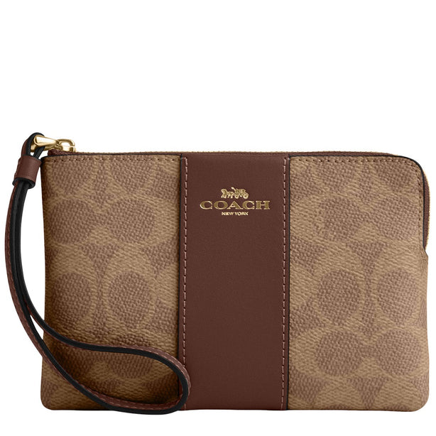 Coach Corner Zip Wristlet In Signature Canvas With Stripe - Tan/ Brown CW854