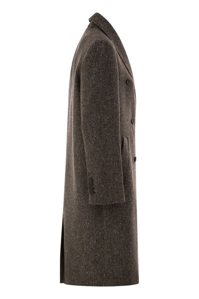 Double-breasted herringbone tweed coat with sequins