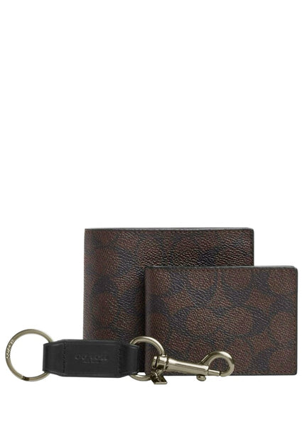 Coach Mens Boxed 3-In-1 Wallet Gift Set In Signature Canvas - Walnut/Black