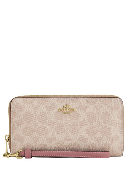 Coach Long Zip Around Wallet In Signature Canvas - Sand/Peony