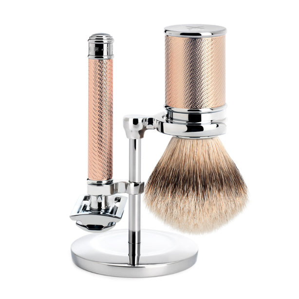 MUHLE Traditional, Chrome-Rose Gold plated Metal, Shaving Set - Safety Razor, Silvertip Badger Brush