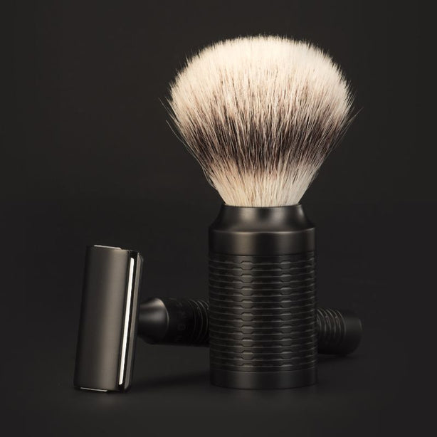 MUHLE Rocca, Stainless Steel Black DLC coated, Shaving Set - Safety Razor, Silvertip Fibre® Brush