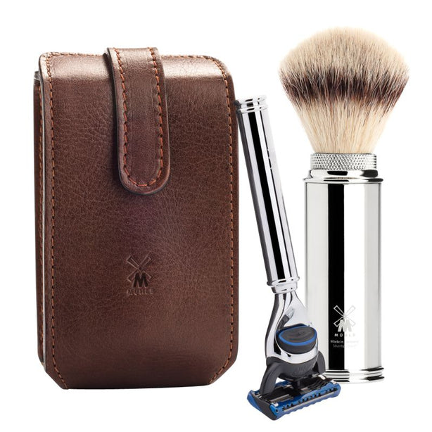 MUHLE Travel Shaving Set - Brown Leather Pouch, Gillette® Fusion™ 5 Razor, Silvertip Fibre® Brush