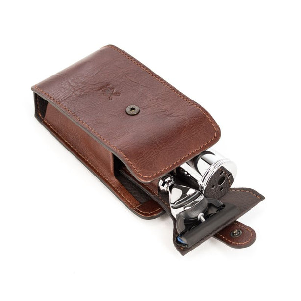 MUHLE Travel Shaving Set - Brown Leather Pouch, Gillette® Fusion™ 5 Razor, Silvertip Fibre® Brush