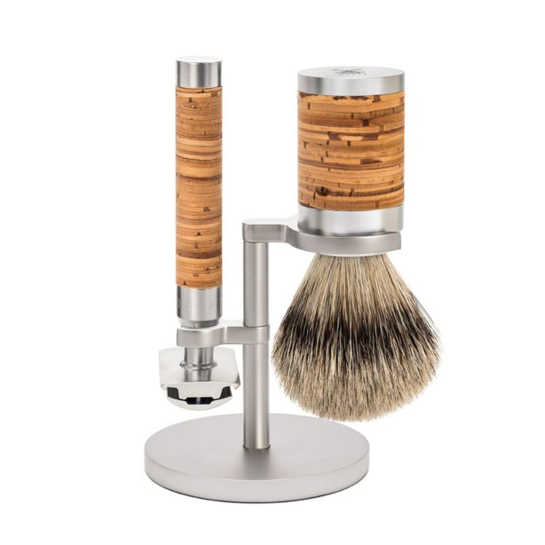 MUHLE Rocca, Birch Bark & Stainless Steel, Shaving Set - Safety Razor, Silvertip Badger Brush