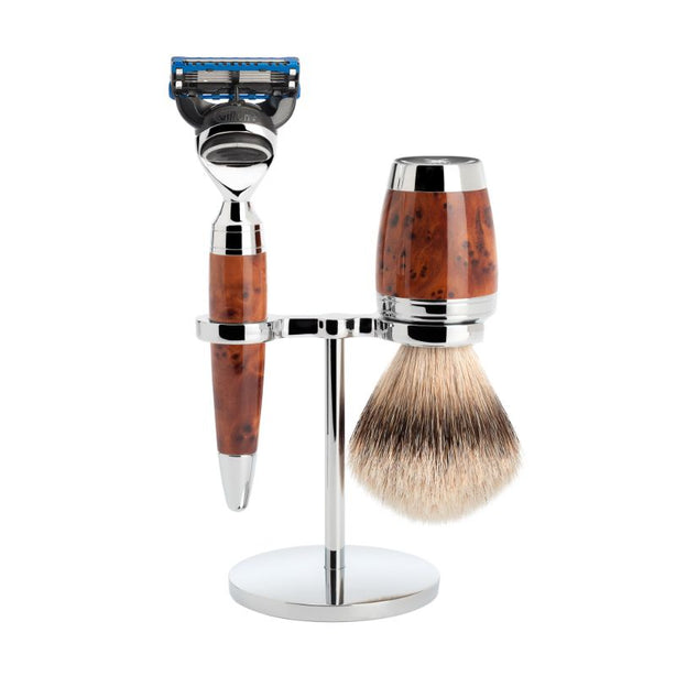 MUHLE Stylo, Thuja Wood, Shaving Set with Gillette® Fusion™ 5 Razor, Silvertip Badger Shaving Brush
