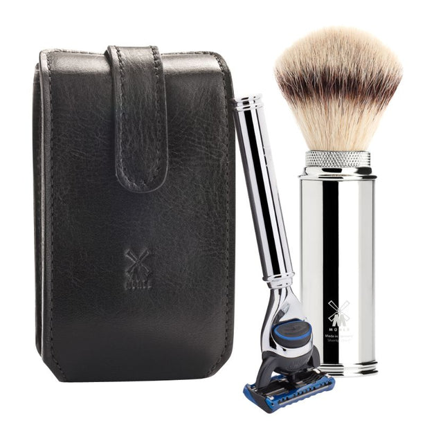 MUHLE Travel Shaving Set - Black Leather Pouch, Gillette® Fusion™ 5 Razor, Silvertip Fibre® Brush