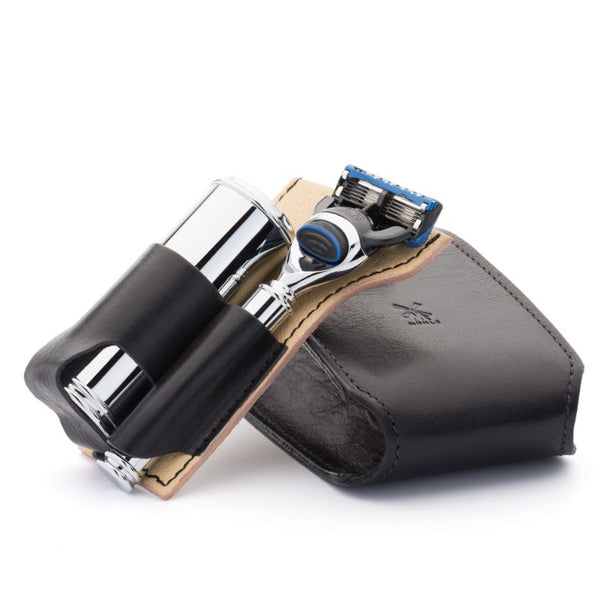 MUHLE Travel Shaving Set - Black Leather Pouch, Gillette® Fusion™ 5 Razor, Silvertip Fibre® Brush