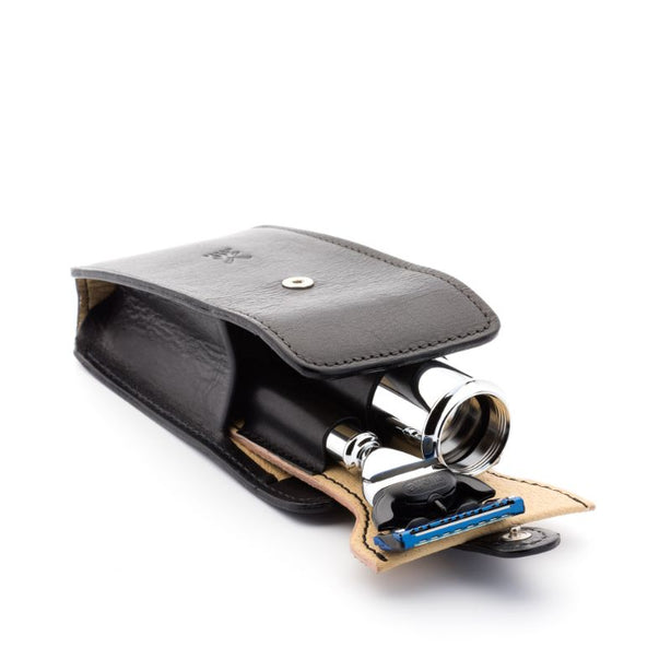 MUHLE Travel Shaving Set - Black Leather Pouch, Gillette® Fusion™ 5 Razor, Silvertip Fibre® Brush