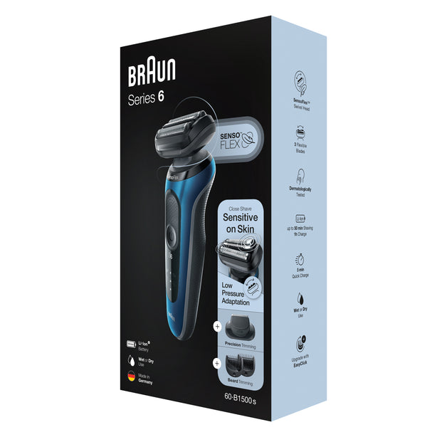 Braun Series 6 61-B1500s Electric Shaver with Beard Trimmer, Wet & Dry, Rechargeable, Cordless Foil Shaver, Blue.