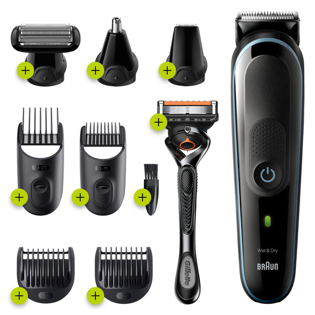 Braun MGK5380, 9-in-1 Beard Trimmer for Men, All-in-One Tool, Hair Clipper, For Face, Hair, Body, Ear, Nose, 7 attachments, Black / Nordic Blue.