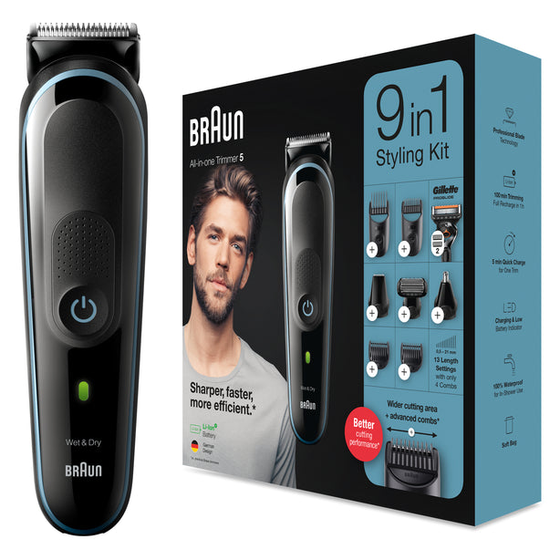 Braun MGK5380, 9-in-1 Beard Trimmer for Men, All-in-One Tool, Hair Clipper, For Face, Hair, Body, Ear, Nose, 7 attachments, Black / Nordic Blue.