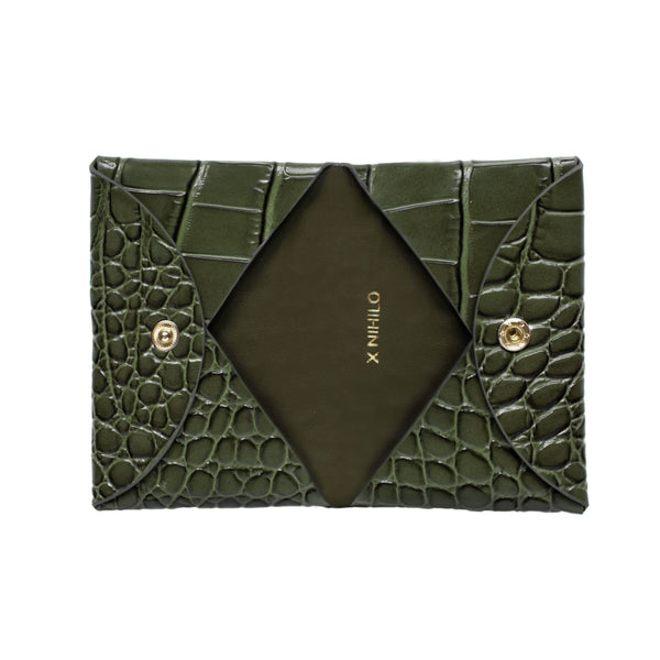 X Nihilo Carla Leather Croc Print Cardholder Olive