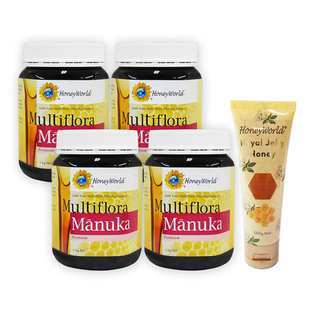 HoneyWorld Multiflora Manuka Honey 1kg x 4 Bottles & TH Royal Jelly Honey in Tube 130g