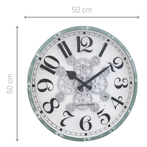 NeXtime Henry Moving Gear Wall Clock 50cm Metal/Glass, Silent Movement (Green/White)