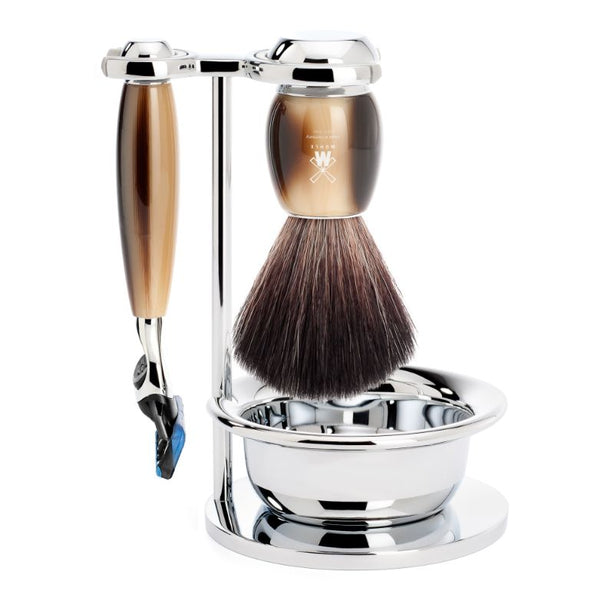 Mühle Vivo, Resin Horn Brown, Shaving Set with bowl, Gillette® Fusion™ 5 Razor, Black Fibre Brush