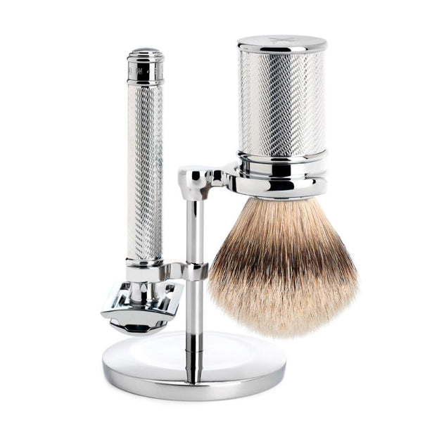 Mühle Traditional, Chrome-plated Metal, Shaving Set - Safety Razor, Silvertip Badger Shaving Brush
