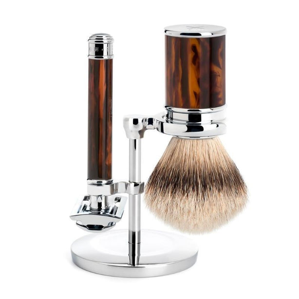 MUHLE Traditional, Resin Tortoiseshell, Shaving Set - Safety Razor, Silvertip Badger Shaving Brush