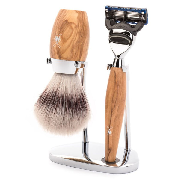 MUHLE Kosmo Olive Wood Shaving Set with Gillette® Fusion™ 5 Razor & Silvertip Fibre® Shaving Brush