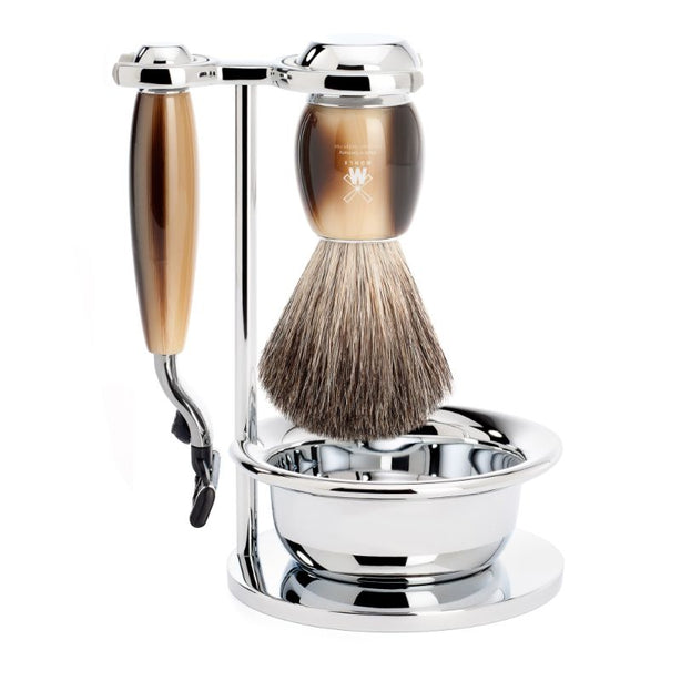 MUHLE Vivo, Resin Horn Brown, Shaving Set with bowl, Gillette® Mach3® Razor, Pure Badger Brush
