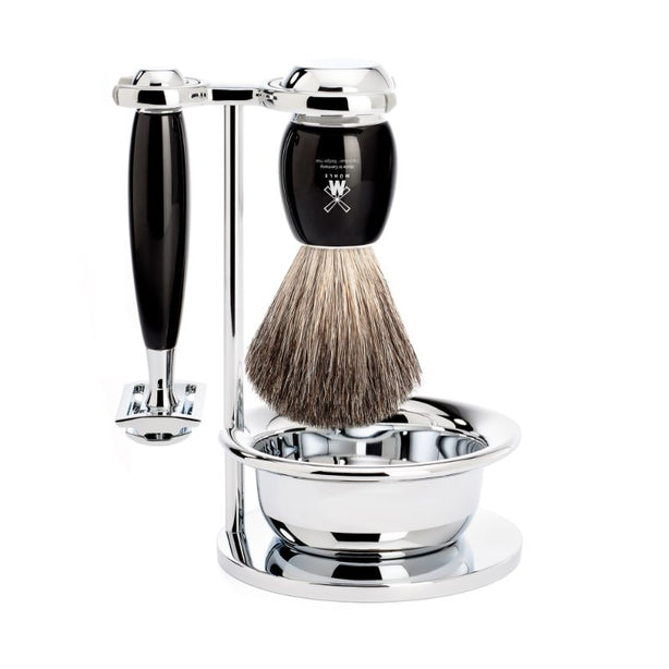MUHLE Vivo, Resin Black, Shaving Set with bowl, Safety Razor & Pure Badger Shaving Brush