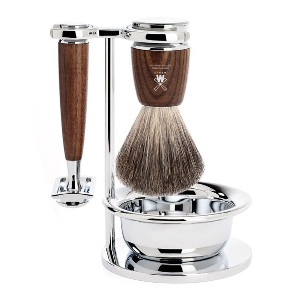 MUHLE Rytmo, Steamed Ash, Shaving Set with bowl, Safety Razor & Pure Badger Shaving Brush
