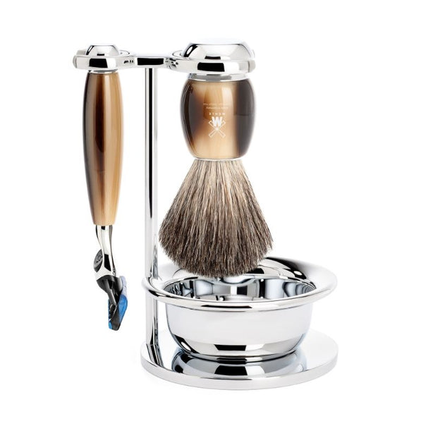 MUHLE Vivo, Resin Horn Brown, Shaving Set with bowl, Gillette® Fusion™ 5 Razor, Pure Badger Brush