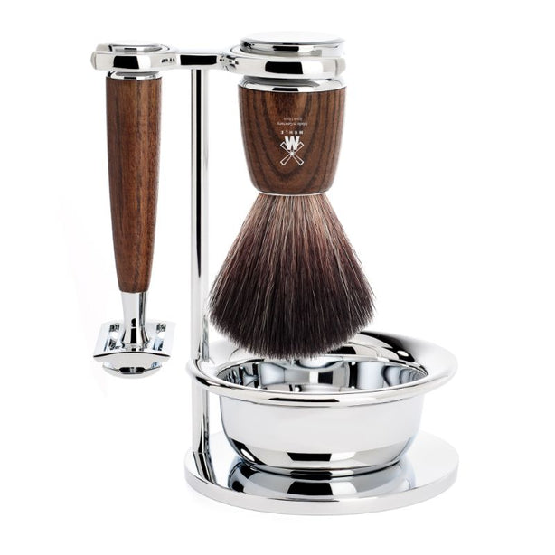 MUHLE Rytmo, Steamed Ash, Shaving Set with bowl, Safety Razor & Black Fibre Shaving Brush