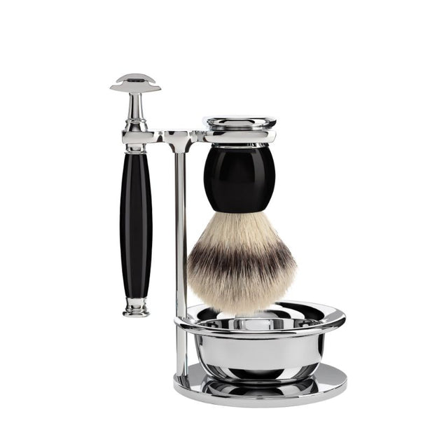MUHLE Sophist, Resin Black, Shaving Set with bowl, Safety Razor & Silvertip Fibre® Shaving Brush