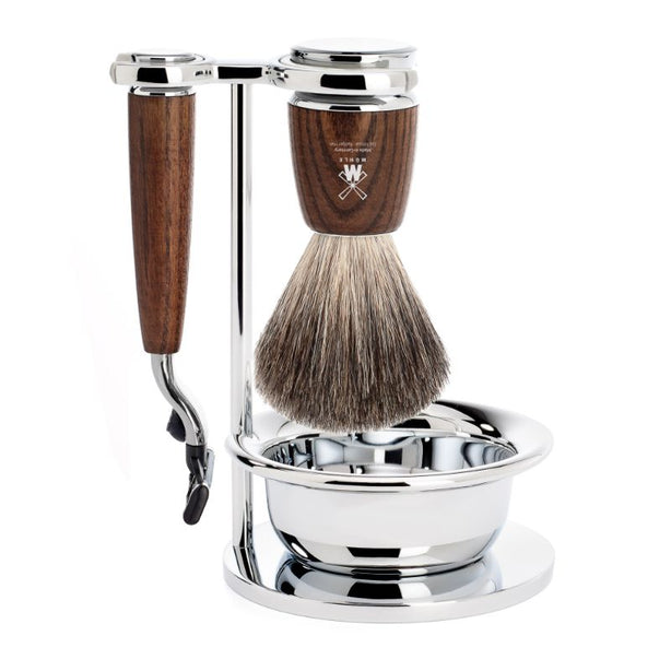 MUHLE Rytmo, Steamed Ash, Shaving Set with bowl, Gillette® Mach3® Razor & Pure Badger Brush