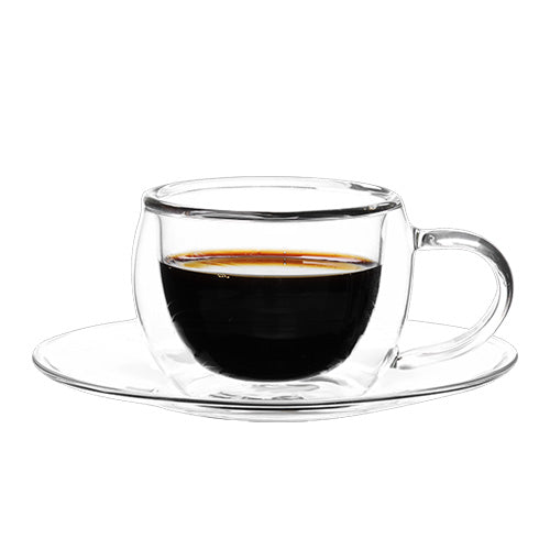 Aramoro Borosilicate Glass Double Wall Cup With Handle And Saucer 80Ml 2Pcs/Set