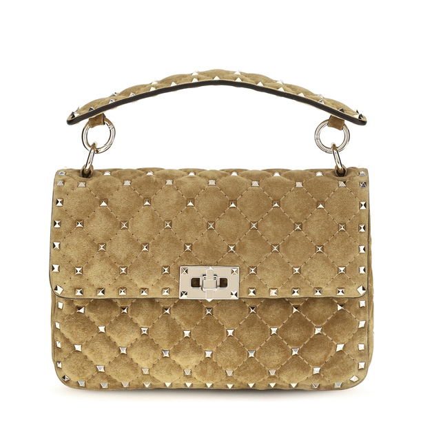 Rockstud Spike Medium Suede Top Handle Bag - Havana Beige