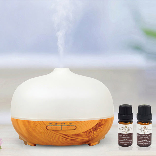 Flaming Queen Ultrasonic Glass Cool Mist Humidifier (300ML) + Free 2 x 10ml Lemongrass / Eucalyptus Blue Mallee Pure Essential oil (worth $25 ea.)