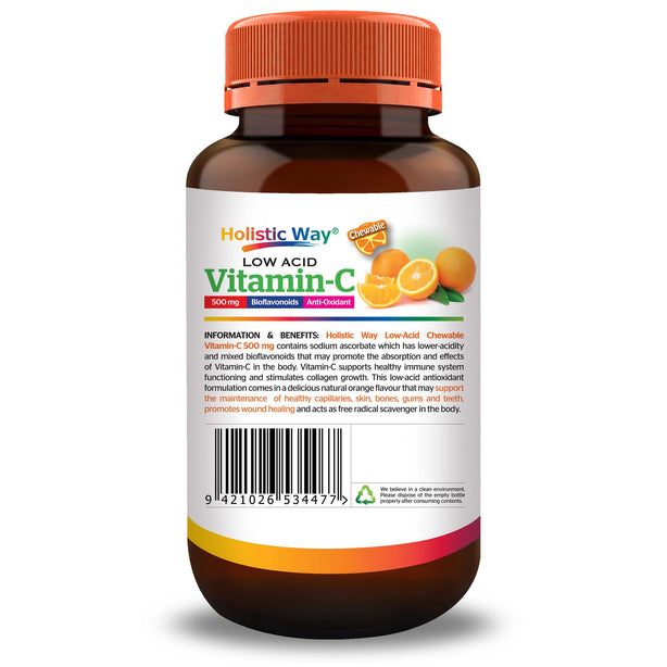 Holistic Way Chewable Vitamin-C 500mg (Low-Acid) (50 Chewable Tablets)