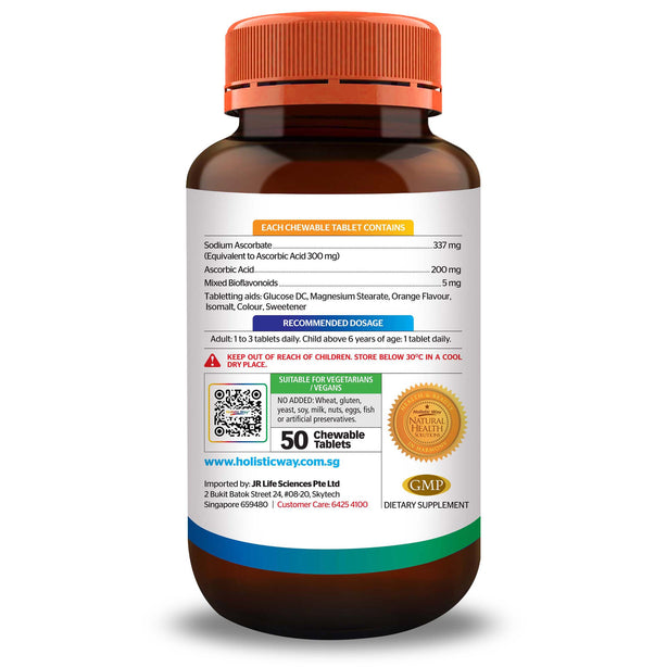 Holistic Way Chewable Vitamin-C 500mg (Low-Acid) (50 Chewable Tablets)