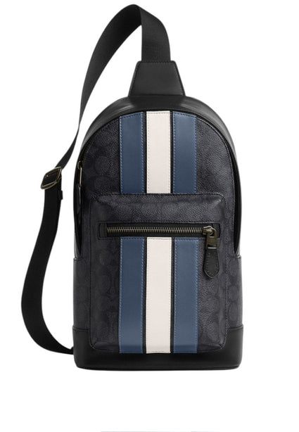 Coach Mens West Pack In Signature Canvas With Varsity Stripe - Black/Denim
